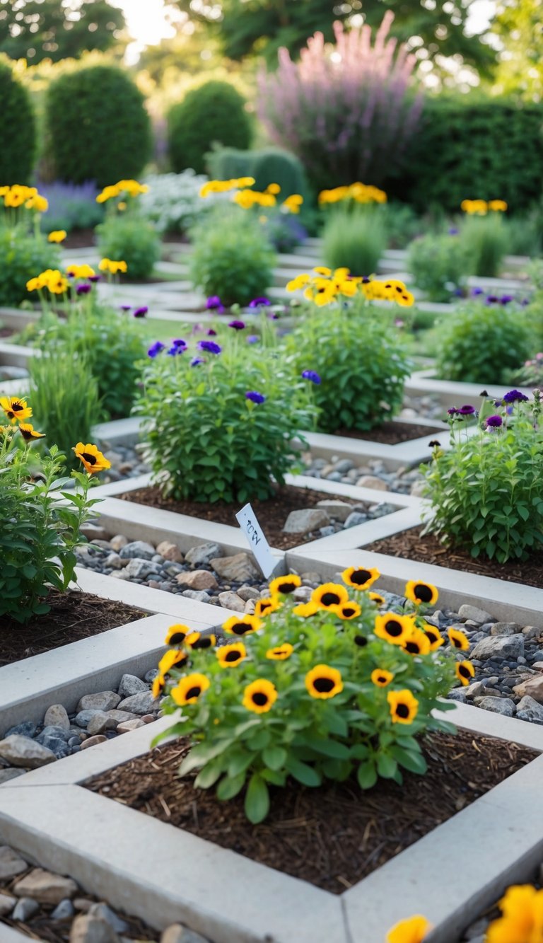 A garden with 21 flower beds, each filled with rocks instead of mulch, showcasing sustainable landscaping