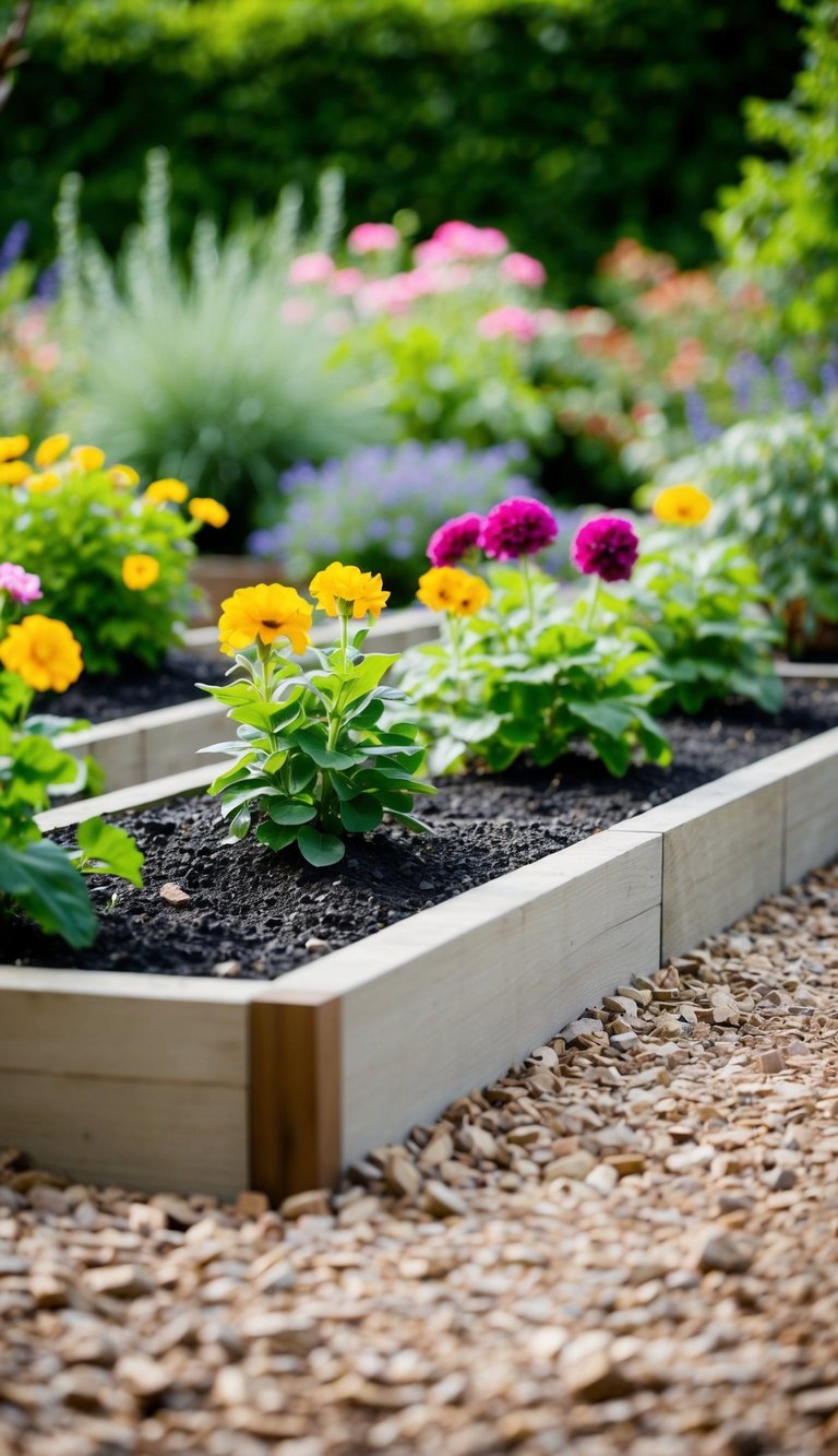 A garden with raised flower beds lined with rocks instead of mulch to prevent soil compaction