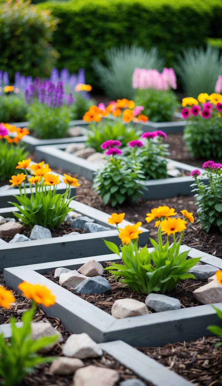 A garden with 21 flower beds filled with rocks instead of mulch, with vibrant and long-lasting colors