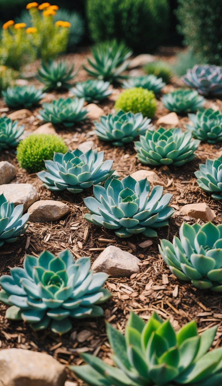 A garden with 21 flower beds filled with succulents, surrounded by rocks instead of mulch