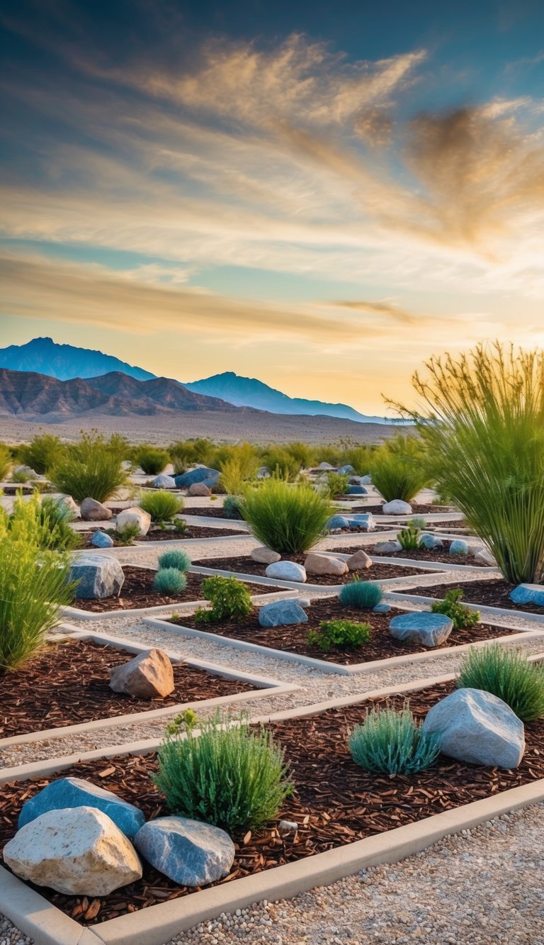 A desert landscape with 21 flower beds featuring rocks instead of mulch, showcasing low water retention for dry areas