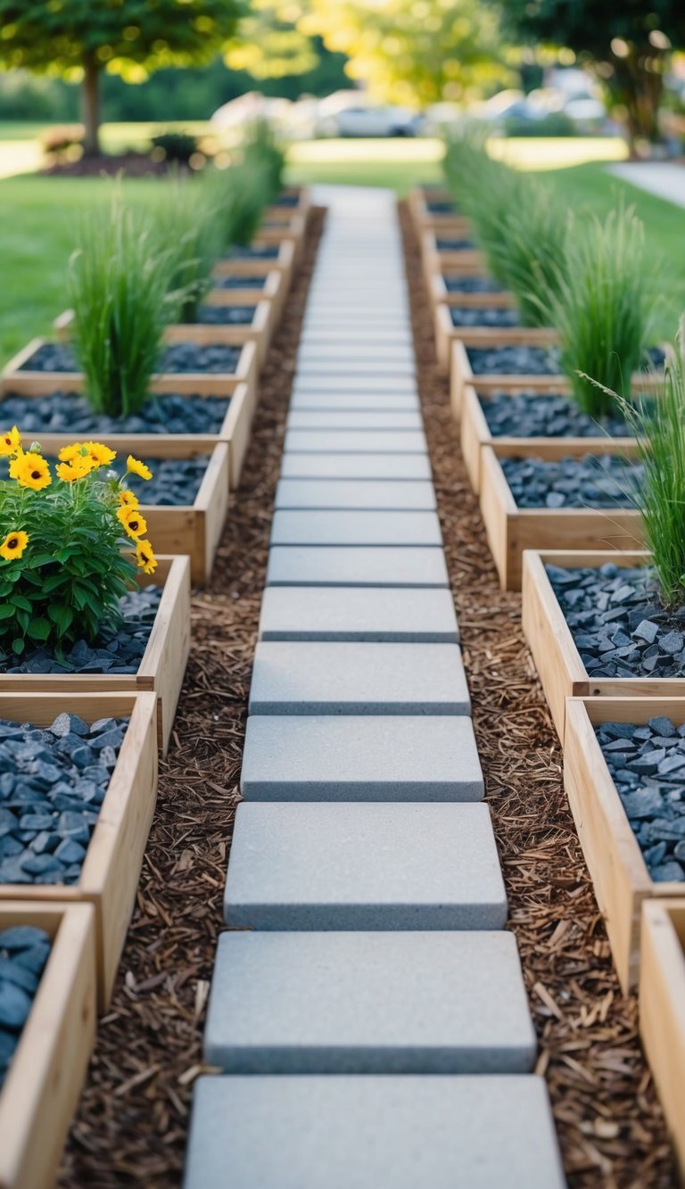 A garden pathway lined with 21 flower beds, each filled with rocks instead of mulch, creating an aesthetically pleasing and low-maintenance landscape