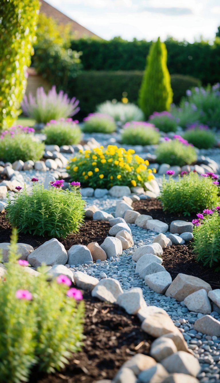 A garden with 21 flower beds, each filled with rocks instead of mulch, promoting better soil pH balance