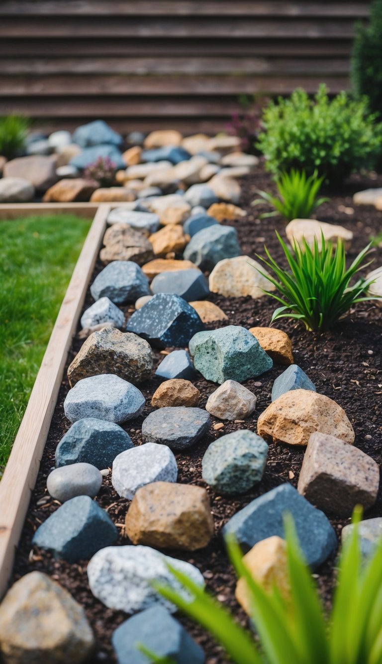 A garden bed filled with various decorative rocks of different sizes and colors, creating a unique and textured landscape design