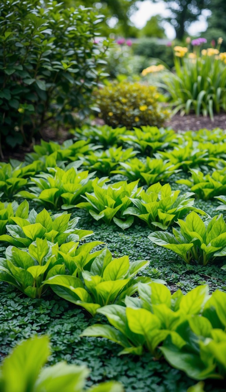 Lush green ground cover plants spread across a garden, filling the space with vibrant foliage and creating a natural and visually appealing landscape