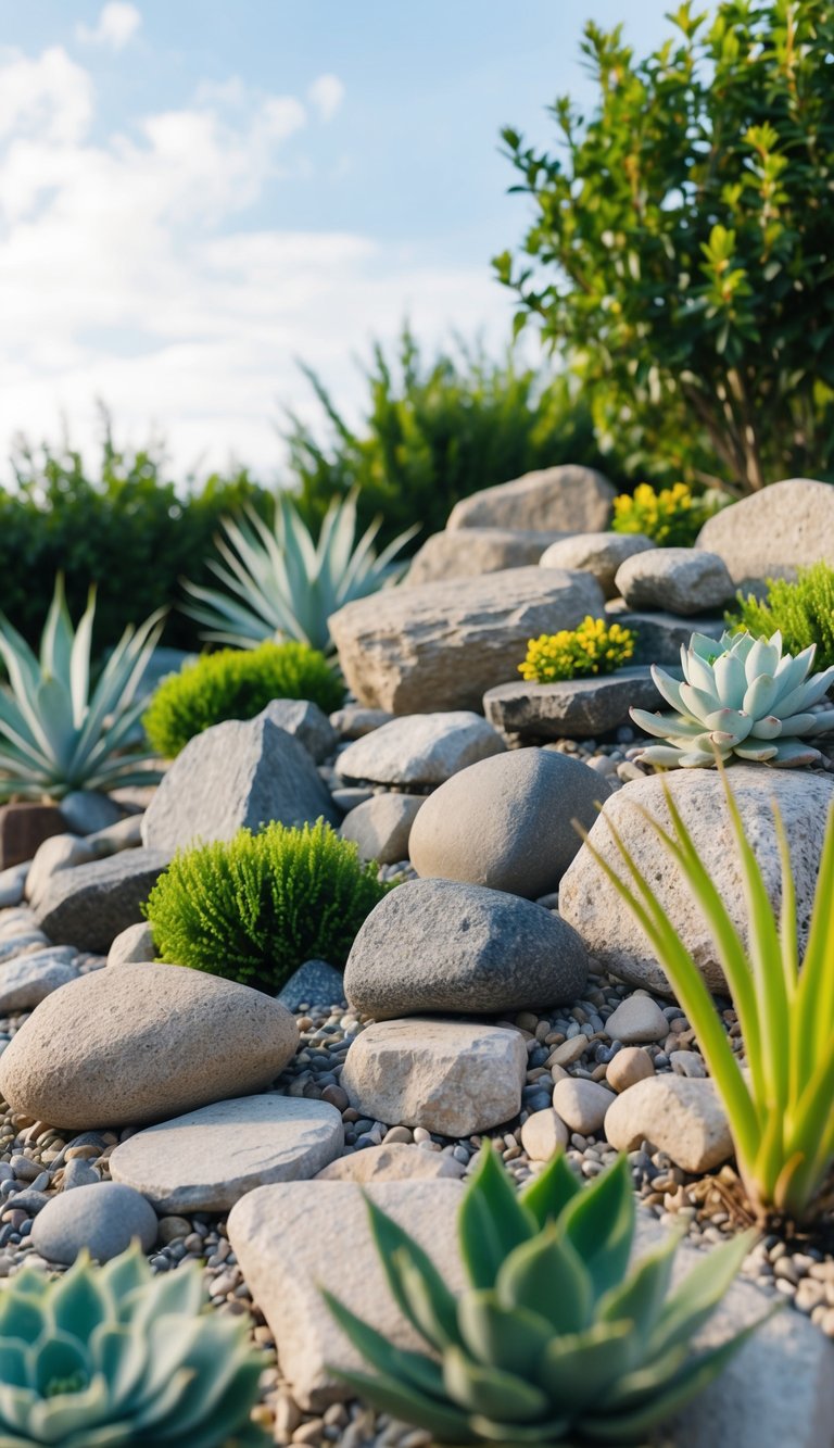 A serene rock garden with various sizes and shapes of rocks arranged in a natural and aesthetically pleasing manner, surrounded by low-maintenance plants and succulents