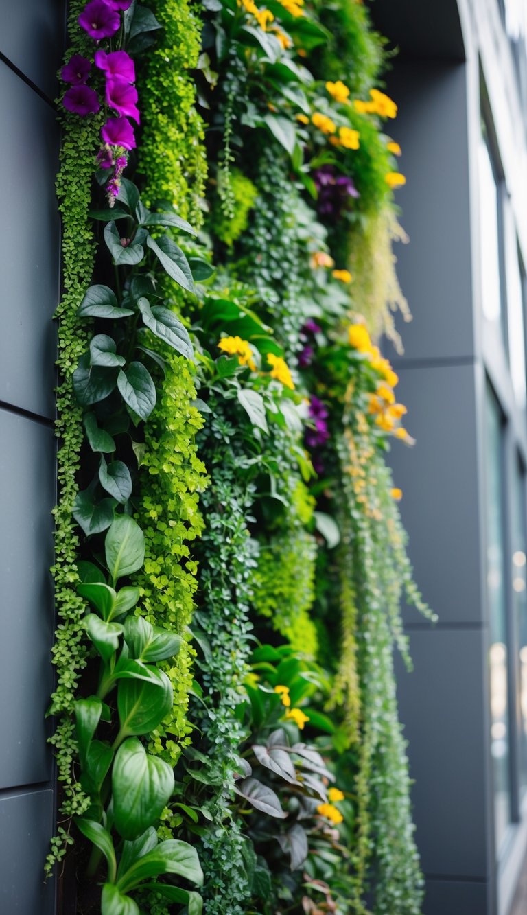 A vertical garden with a variety of plants cascading down a wall, creating a lush and vibrant display