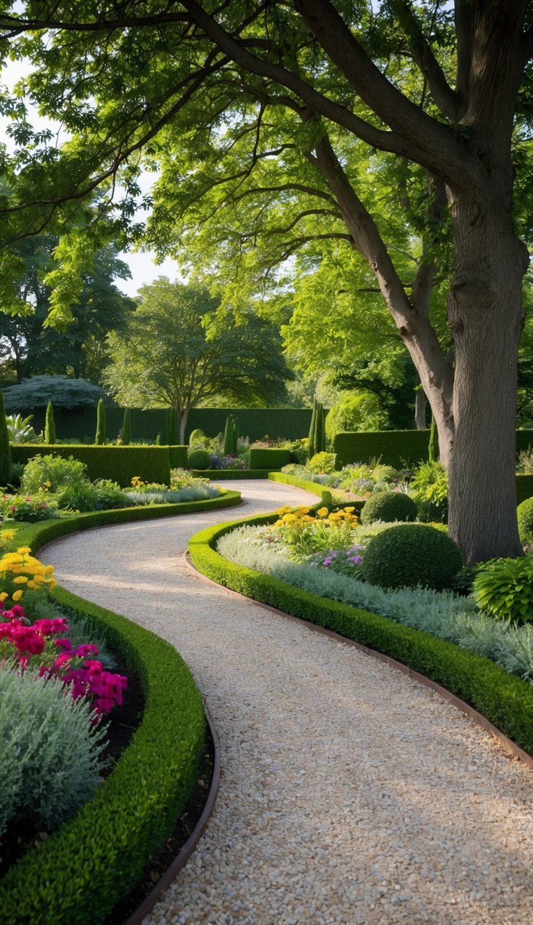 A winding gravel pathway meanders through a lush garden, bordered by vibrant flowers and neatly trimmed shrubs. Tall trees provide dappled shade, creating a serene and picturesque landscape