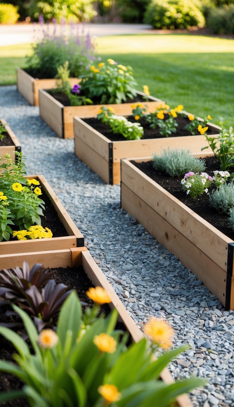Several raised garden beds with various plants and flowers, surrounded by decorative rocks and gravel pathways. No mulch used in the landscaping design