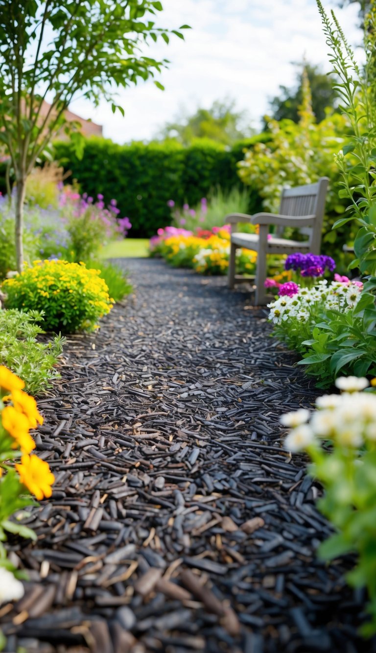 A garden pathway lined with recycled rubber mulch, surrounded by colorful flowers and shrubs. A bench sits in the corner, inviting visitors to relax and enjoy the peaceful landscape