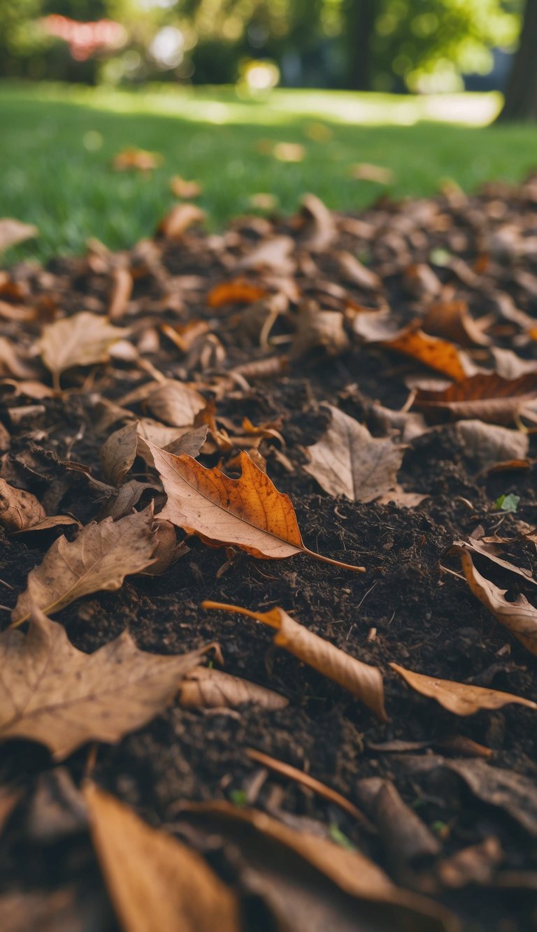 Shredded leaves cover the soil, creating a natural and organic landscaping without using mulch