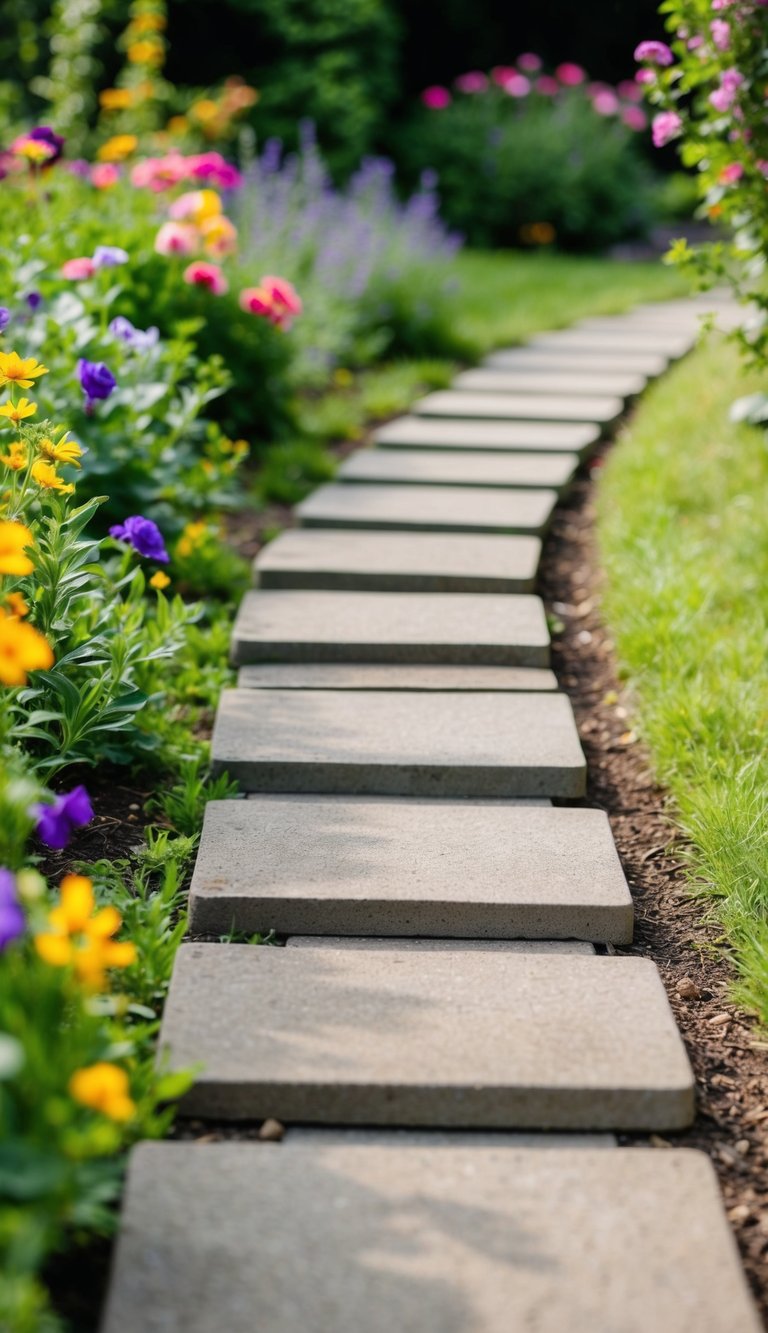 A garden path lined with concrete stepping stones winding through a lush landscape of colorful flowers and greenery