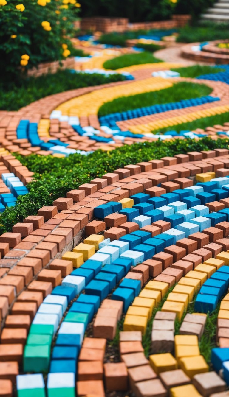 A colorful array of bricks arranged in intricate patterns, winding through a lush garden landscape