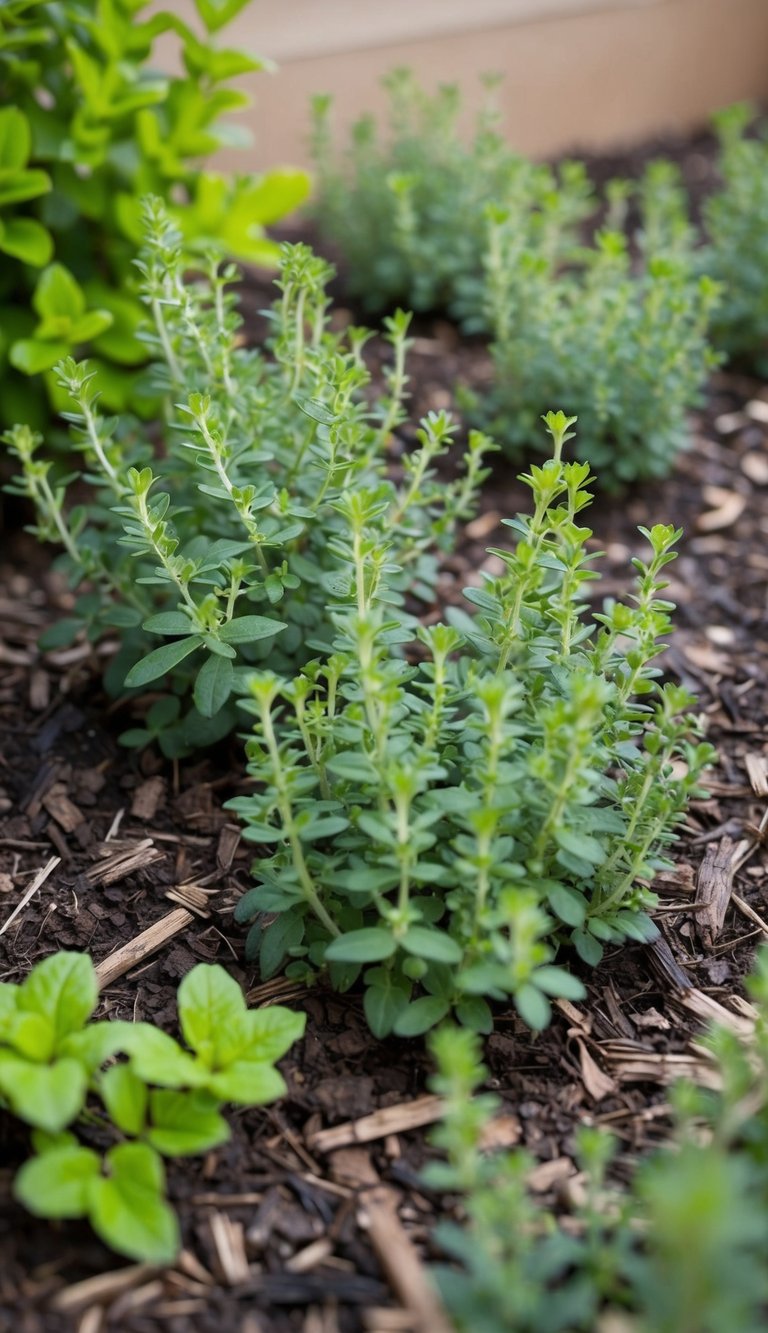 Creeping thyme spreads across a garden bed, providing lush coverage without the use of mulch