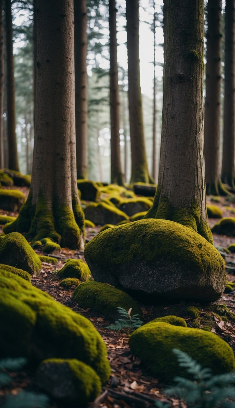 Moss-covered rocks and tree trunks in a dimly lit forest clearing