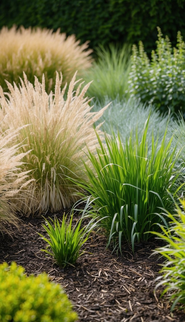 A garden bed filled with various ornamental grasses, creating a natural and textured landscape without the use of mulch