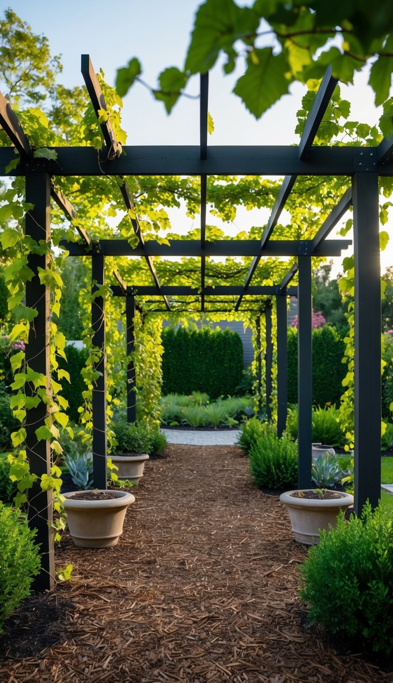 A garden with pergolas covered in climbing vines, surrounded by various landscaping elements without mulch