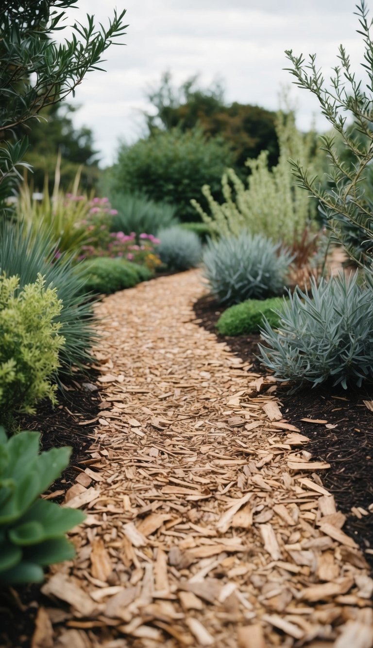 A garden pathway lined with bark chips, surrounded by native plants and trees, creating a natural and rustic landscape