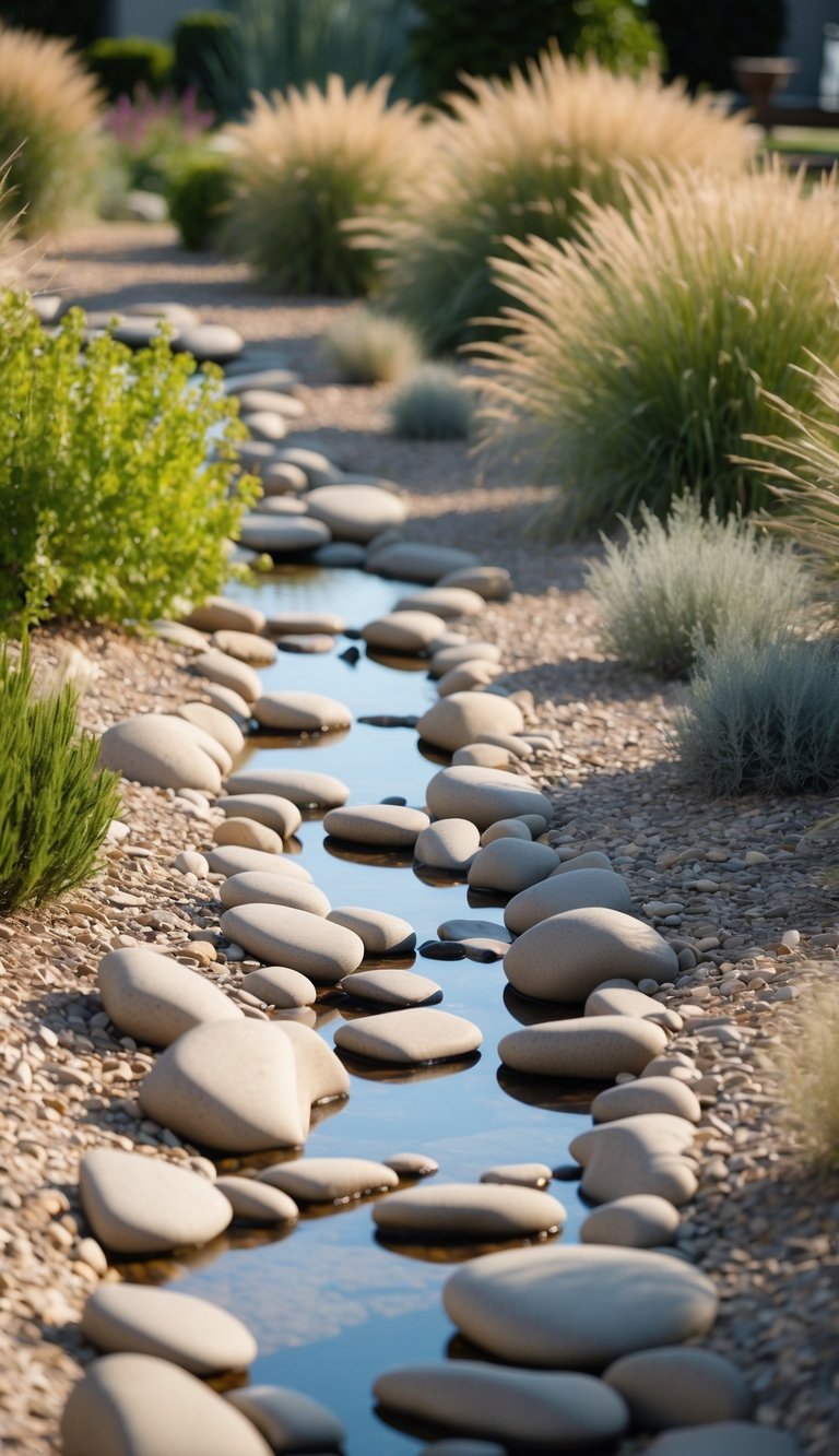 A winding dry creek bed meandering through a garden landscape, lined with smooth river rocks and surrounded by drought-resistant plants and ornamental grasses