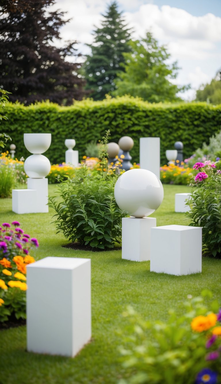 A serene garden with modern sculptures scattered among lush greenery and colorful flowers, creating a harmonious blend of art and nature
