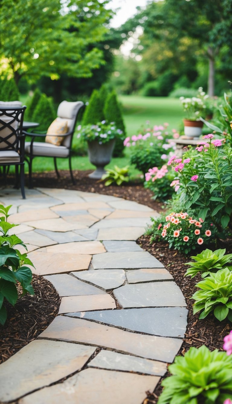 A patio made of natural stone, surrounded by lush greenery and flowering plants, with no mulch in sight