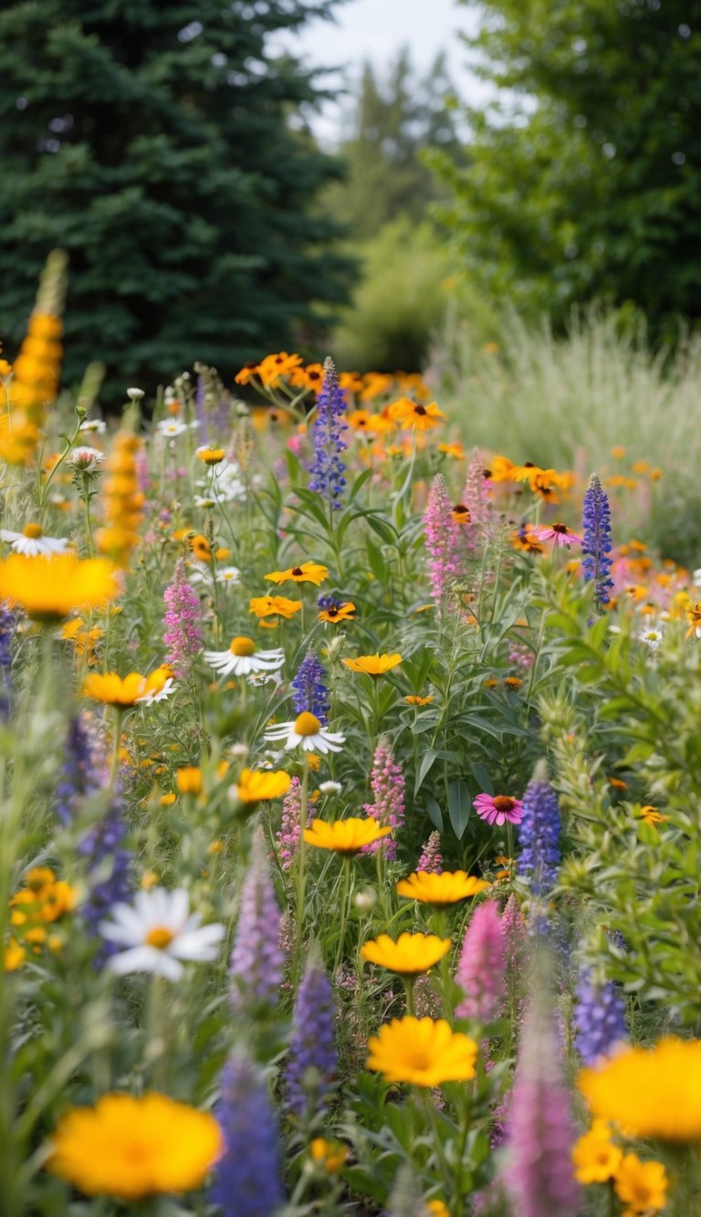 A colorful array of native wildflowers blooms in a natural landscape, surrounded by trees and shrubs, creating a vibrant and low-maintenance garden