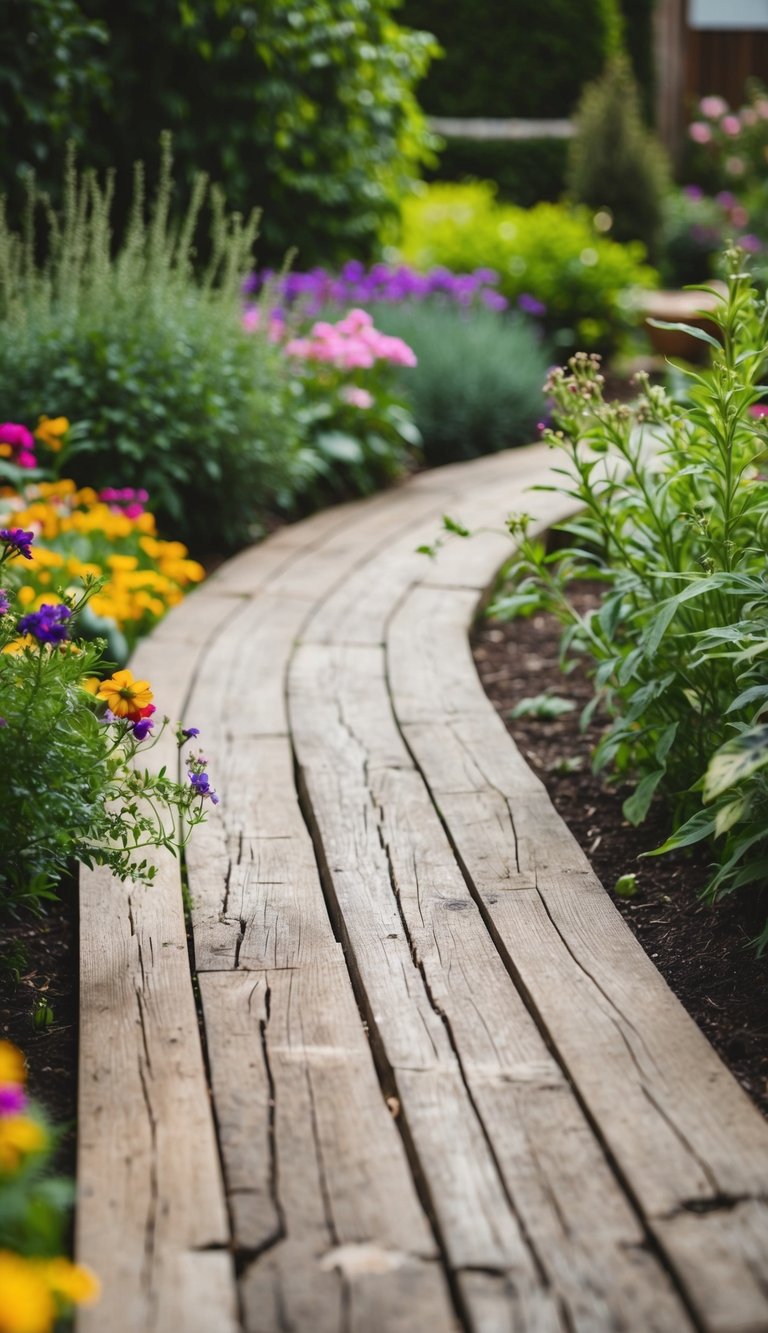 Wooden planks winding through a rustic garden, surrounded by lush greenery and colorful flowers