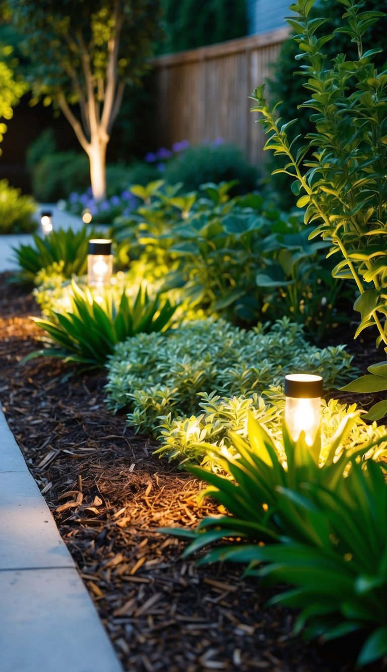 Lush garden with LED lights highlighting plants and pathways, no mulch in sight