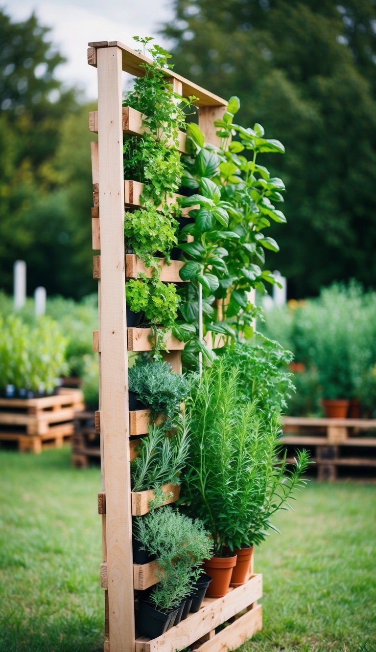 A wooden pallet stands upright, filled with various herbs and plants growing in vertical rows
