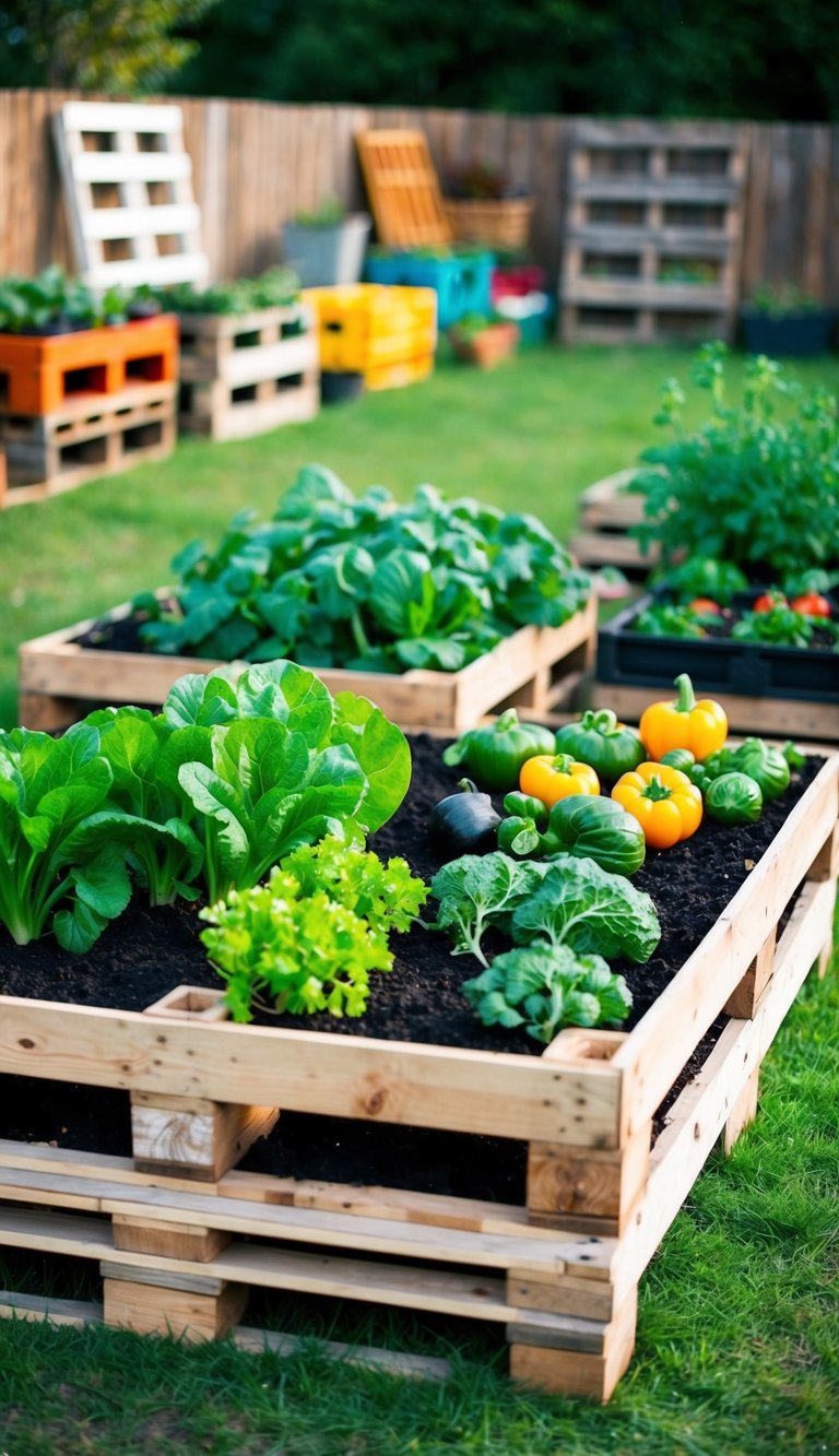 A raised bed made from pallets filled with various vegetables, surrounded by a variety of other creative pallet garden ideas