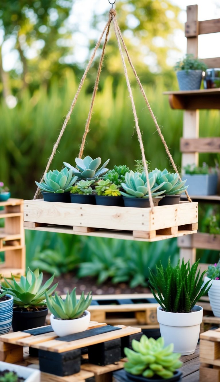 A wooden pallet transformed into a hanging succulent planter, surrounded by various other pallet garden ideas