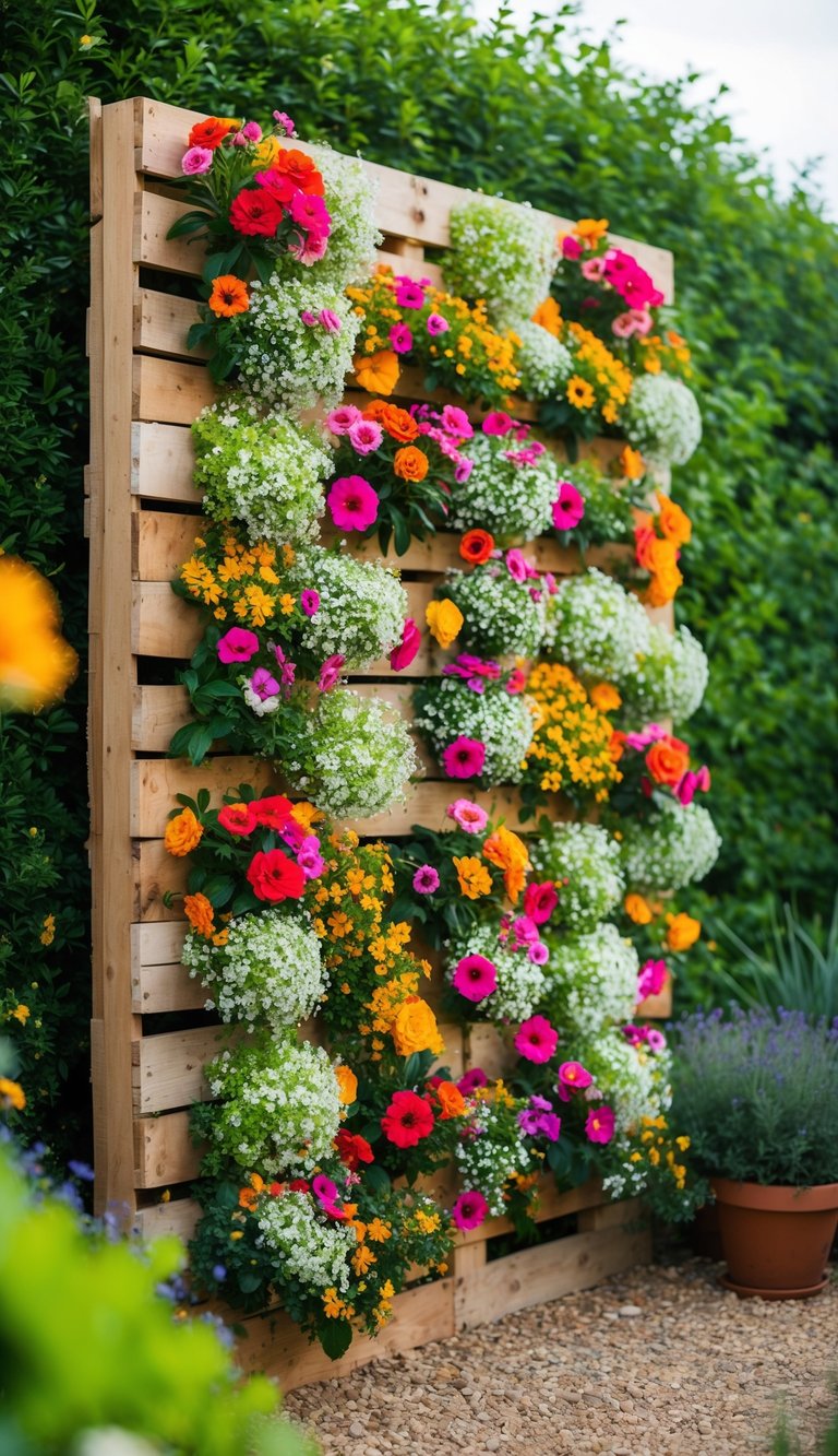 A vibrant flower wall made from pallets in a garden setting