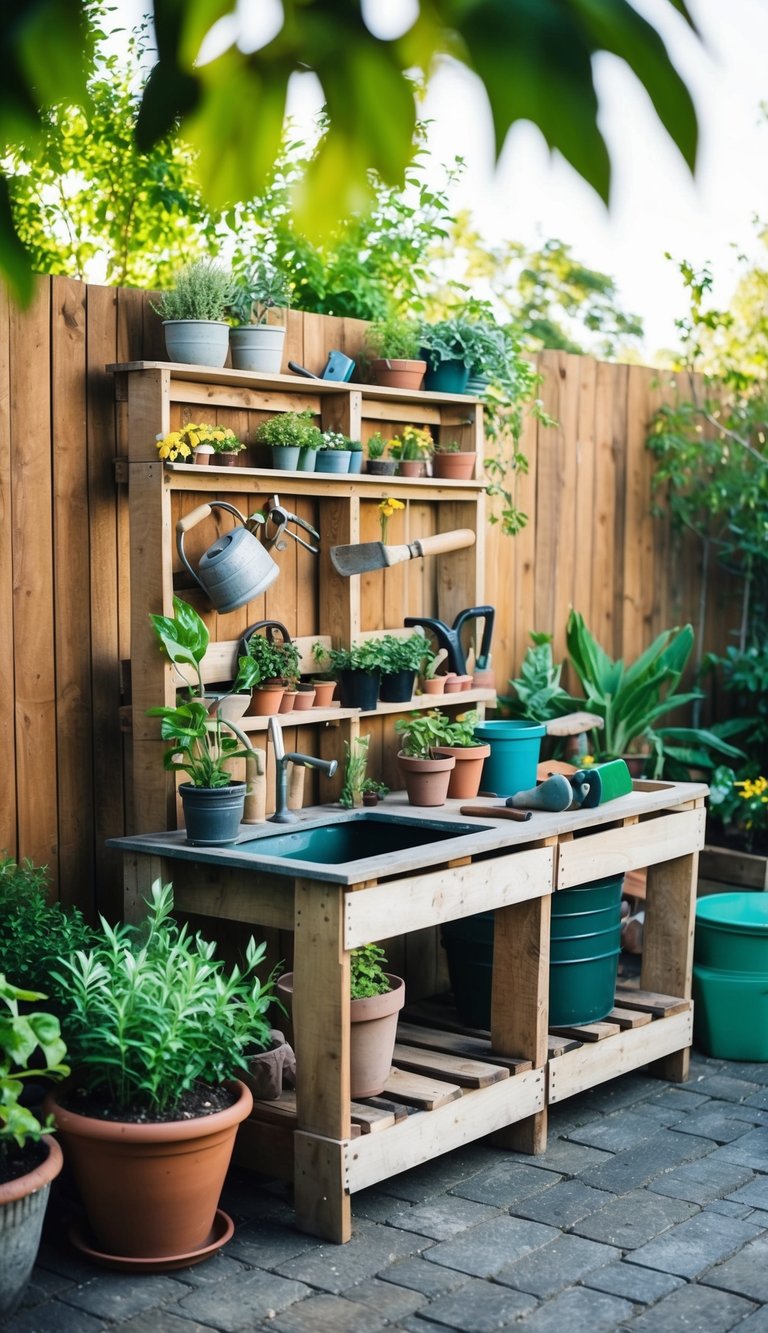 A rustic potting bench made from pallets surrounded by a variety of garden plants and tools