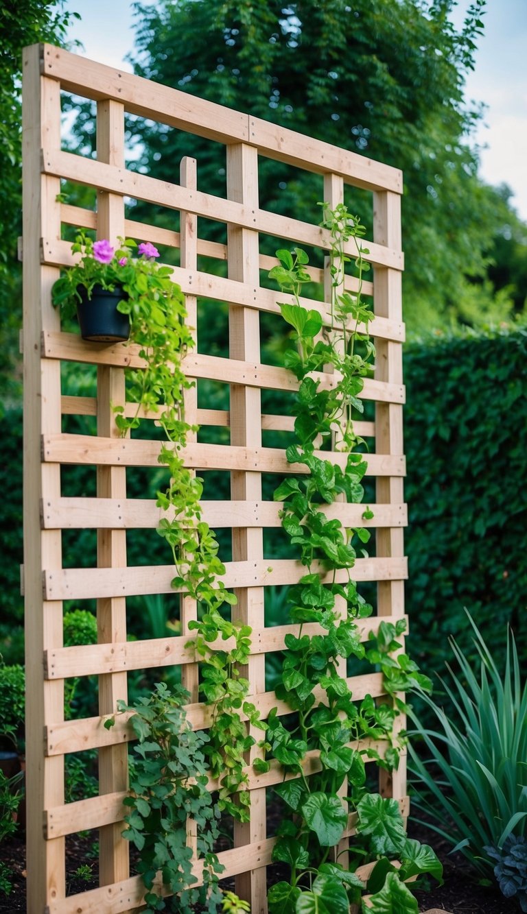 A freestanding pallet trellis supports a lush garden of various plants, climbing up the wooden slats in a symmetrical and organized arrangement