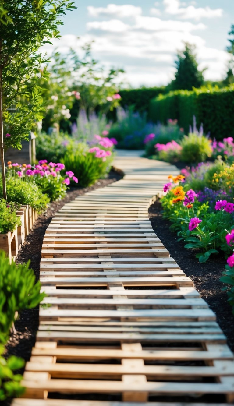 A winding pathway made of pallets, lined with vibrant flowers and greenery, leading to a peaceful garden oasis