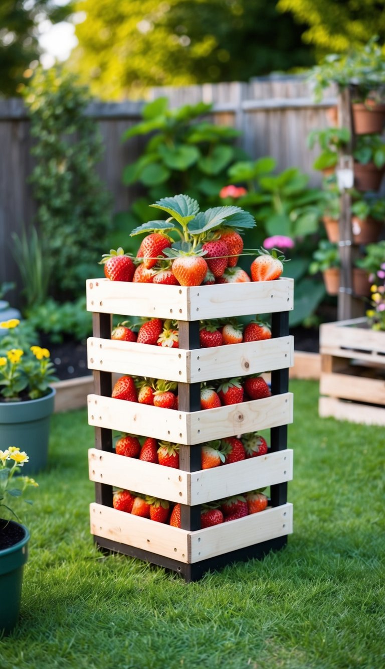 A vertical strawberry planter made from pallets surrounded by various other garden ideas