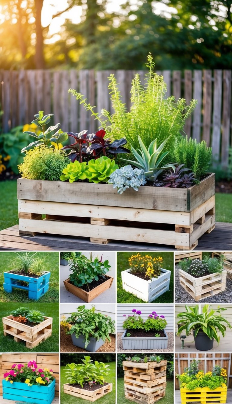 A pallet planter box filled with various plants, surrounded by 24 other creative pallet garden ideas