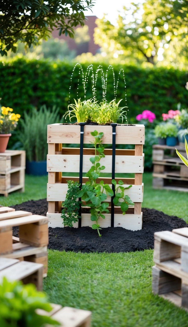 A pallet planter with a built-in irrigation system sits in a lush garden, surrounded by 25 other creative pallet garden ideas
