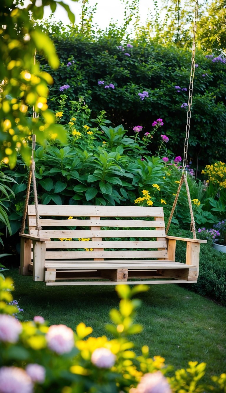 A rustic garden swing bench made from pallets, surrounded by lush greenery and blooming flowers
