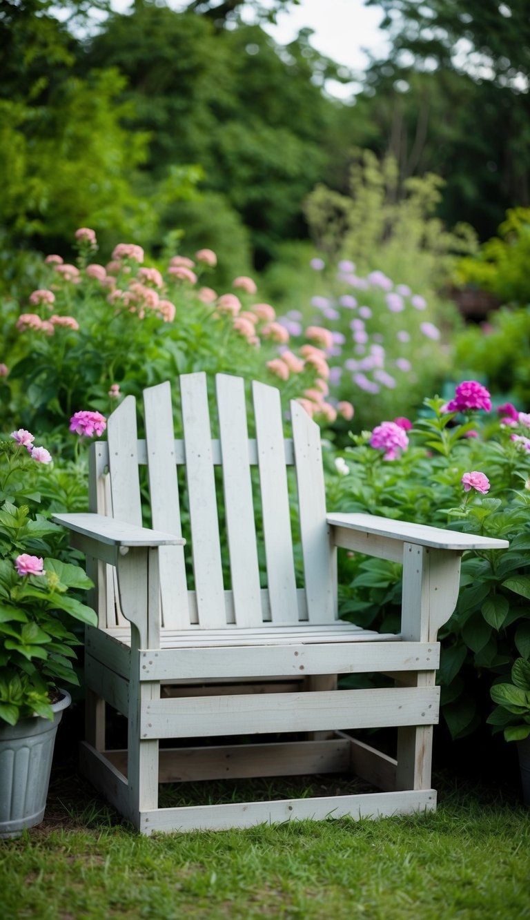 A pallet garden chair with planter arms surrounded by lush greenery and blooming flowers