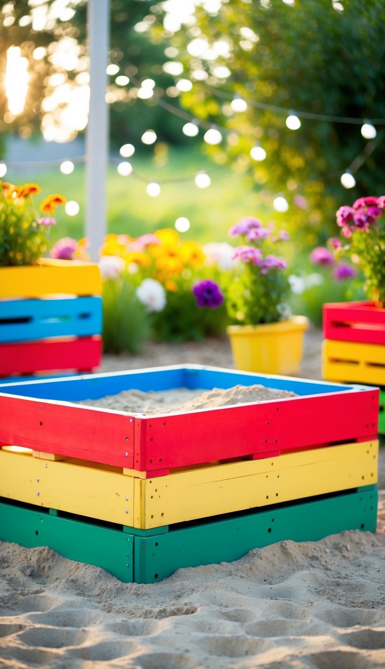 A colorful pallet sandbox surrounded by 25 creative pallet garden ideas