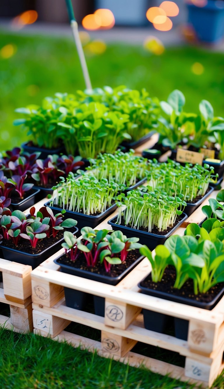 A pallet garden filled with vibrant microgreens, arranged in a creative and visually appealing manner