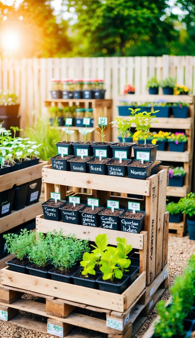 A pallet nursery with various seed starters and 25 creative garden ideas displayed on pallets