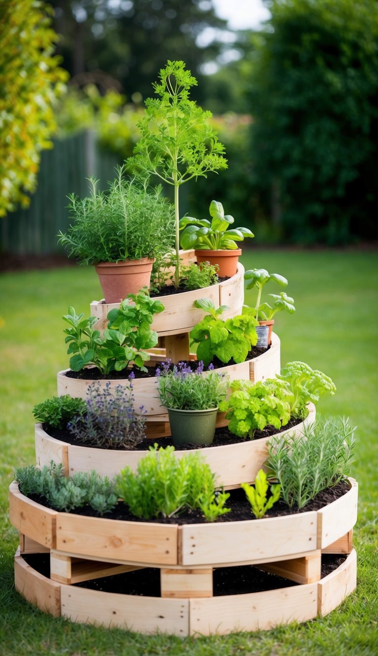 A vibrant herb spiral garden made from pallets, with various herbs and plants arranged in a spiral pattern