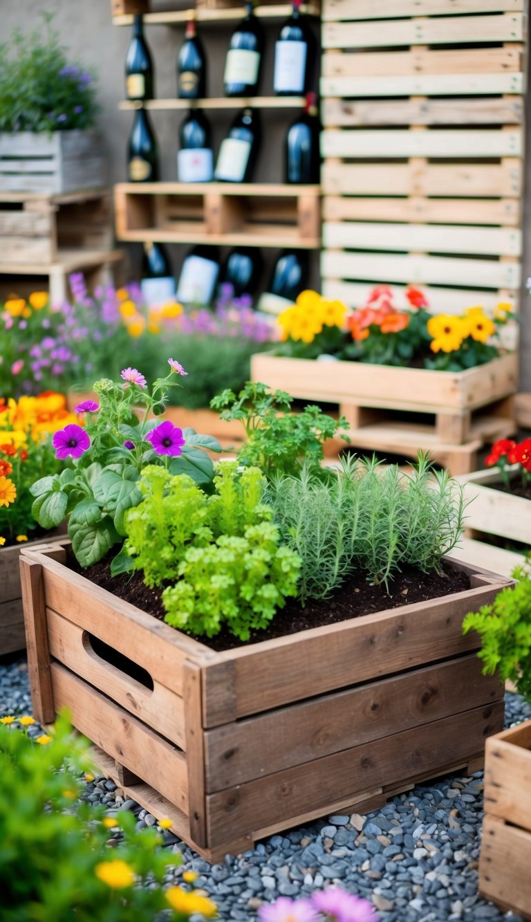 A rustic wooden wine crate is repurposed as a planter, filled with vibrant flowers and herbs, nestled among a variety of creatively arranged pallet garden ideas