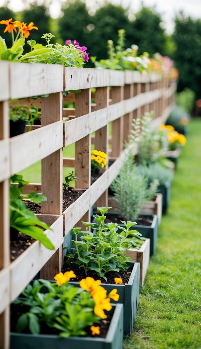 A row of pallet garden fence sections with various plants and flowers growing in them