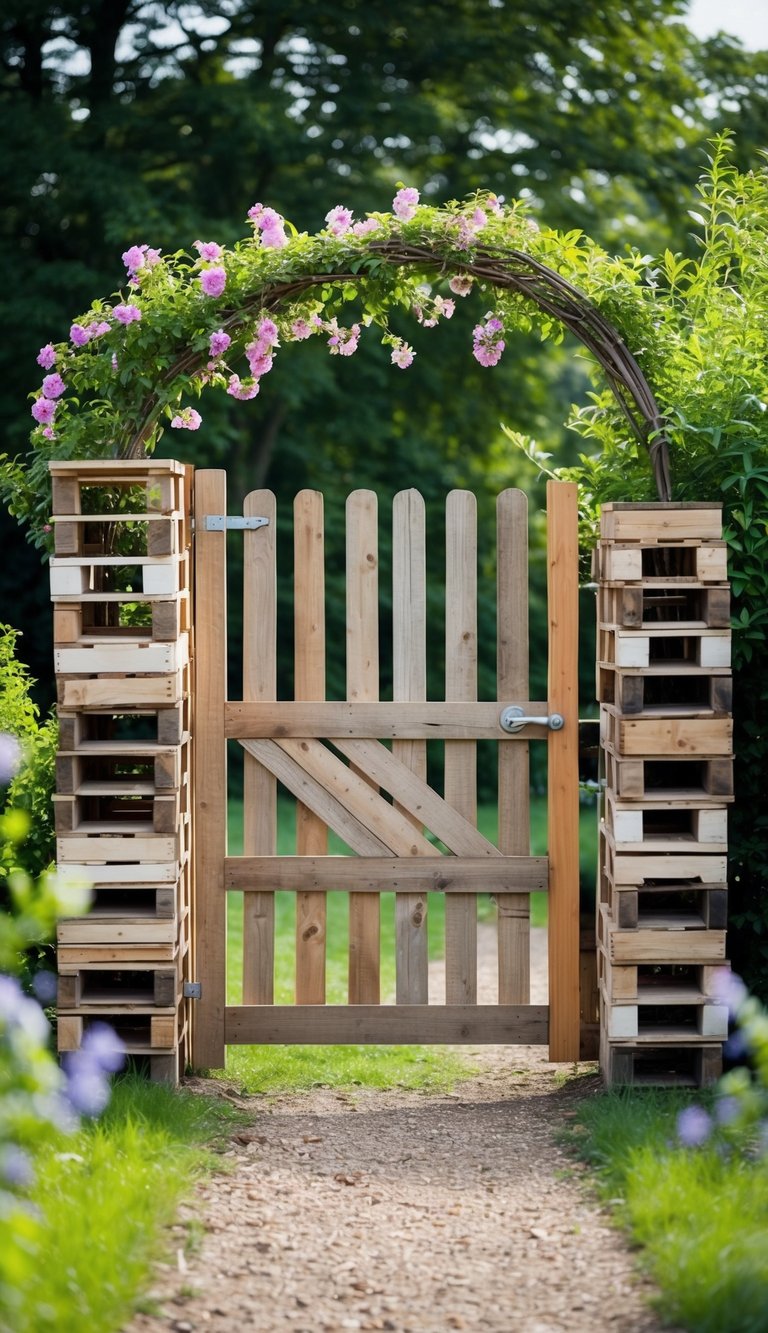 A rustic garden gate made from stacked pallets, surrounded by lush greenery and blooming flowers
