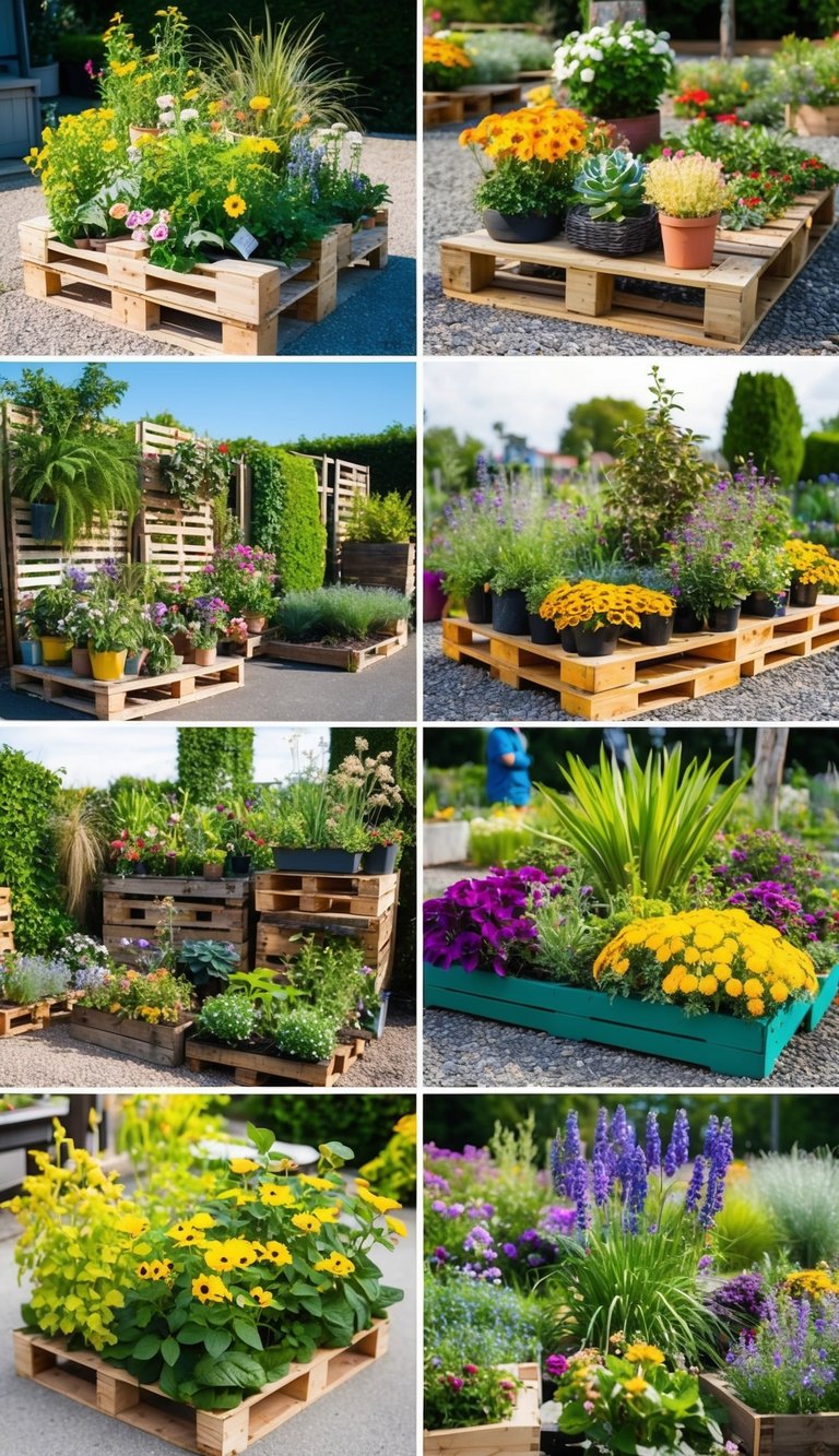 A diverse array of 25 unique pallet gardens arranged in a colorful, outdoor setting. Each garden showcases different plants and flowers, creating a visually appealing and inspiring scene