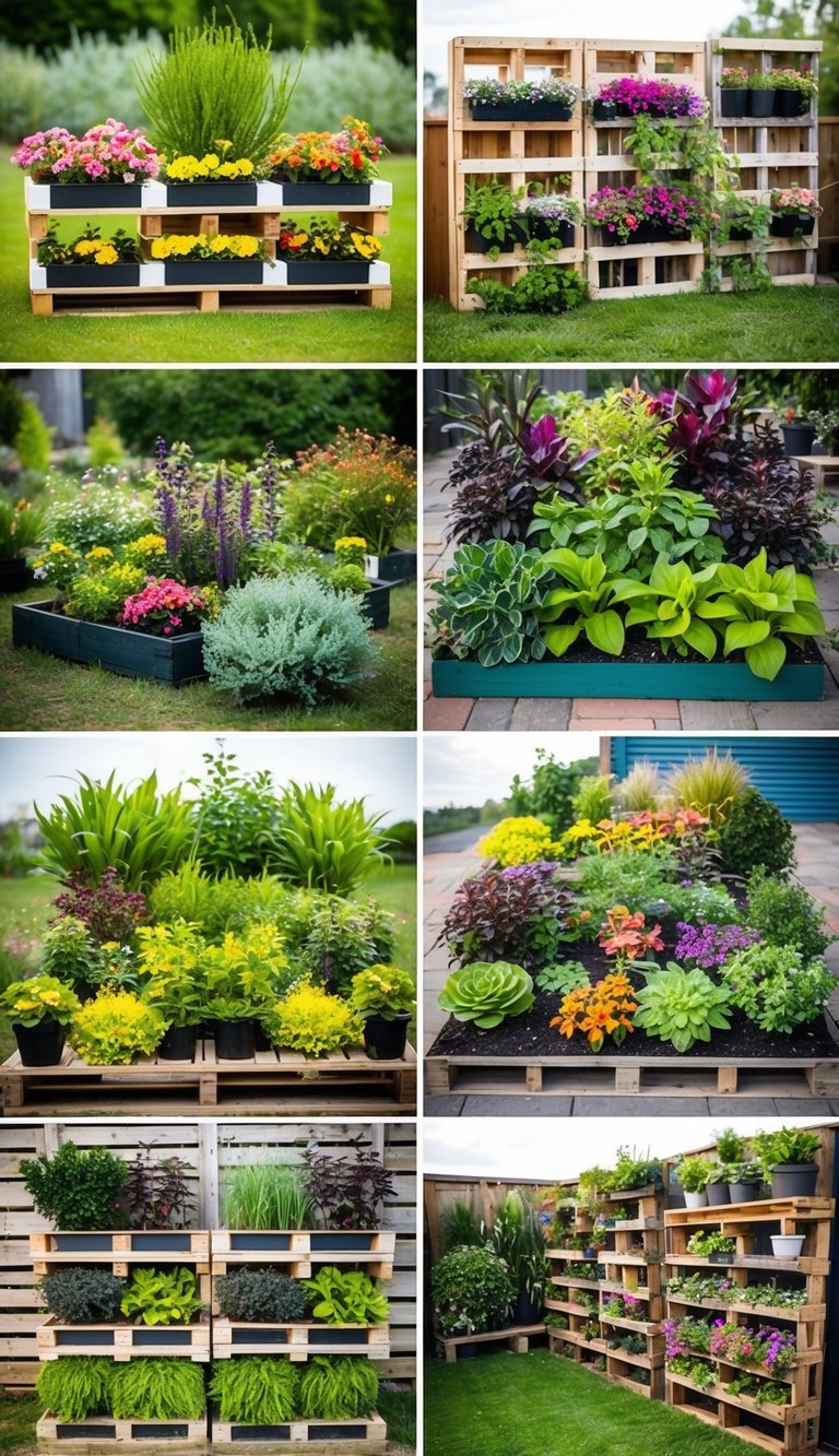 A colorful array of pallet gardens arranged in an artful display, showcasing a variety of plants and creative arrangements