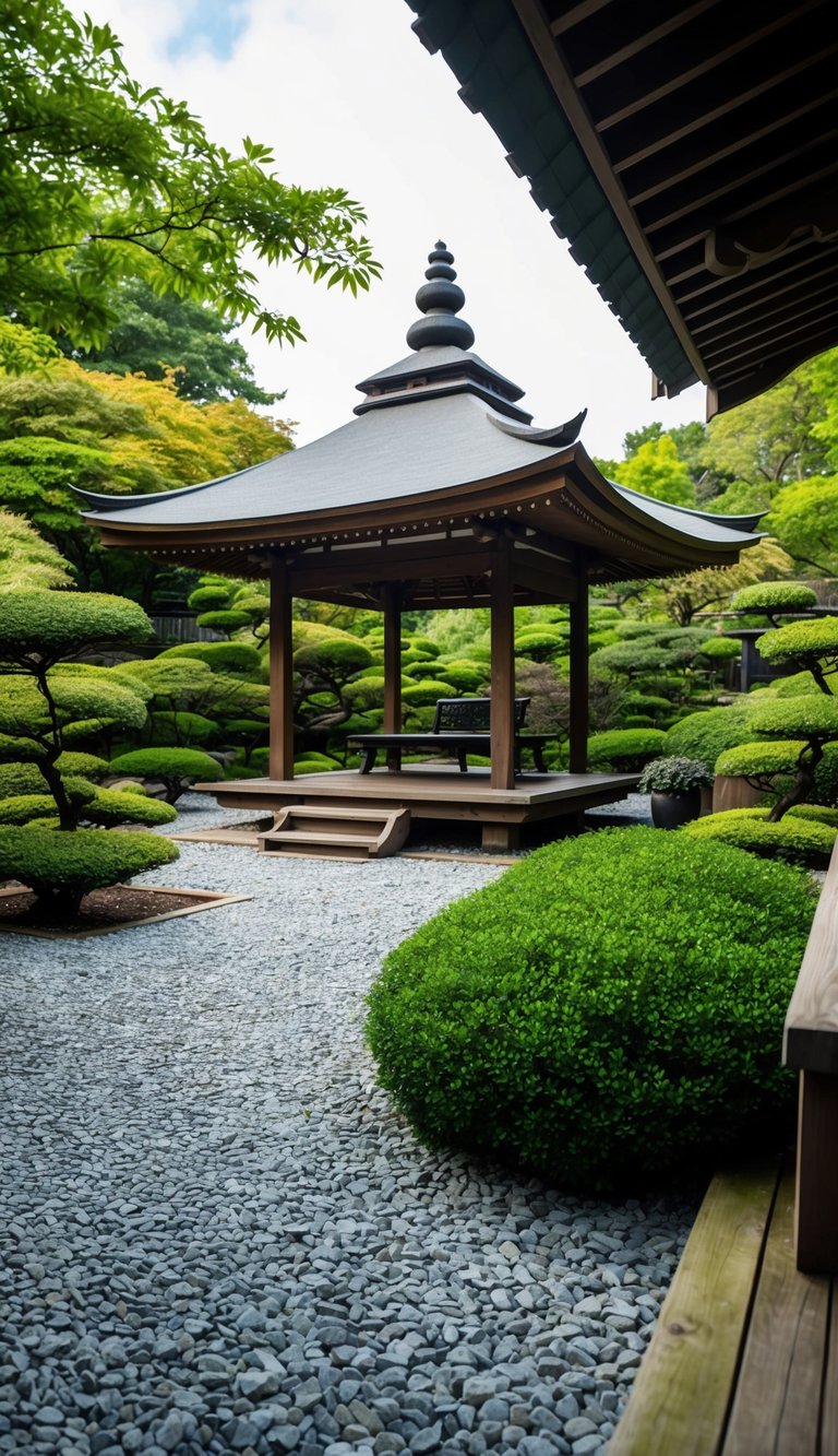 A serene Japanese Zen garden pavilion with a traditional outdoor gazebo surrounded by carefully raked gravel and lush greenery